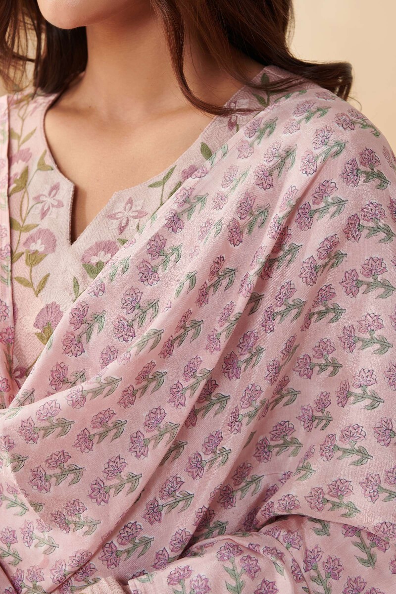 Pink Hand Block Printed Modal Dupatta