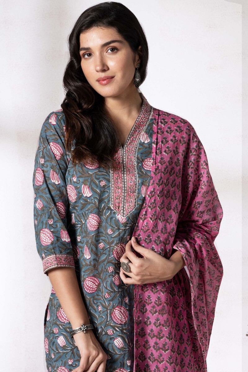 Pink Block Printed Cotton Dupatta