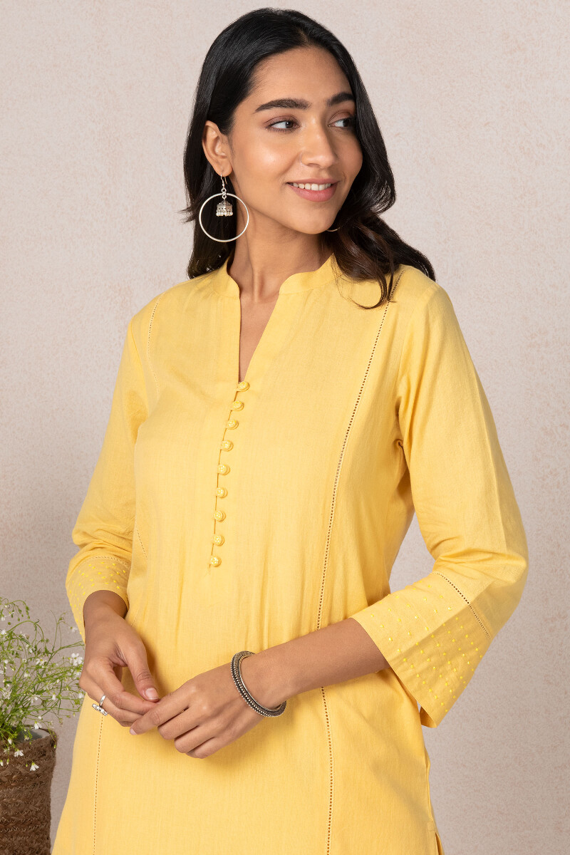 Yellow Handcrafted Straight Cotton Kurta