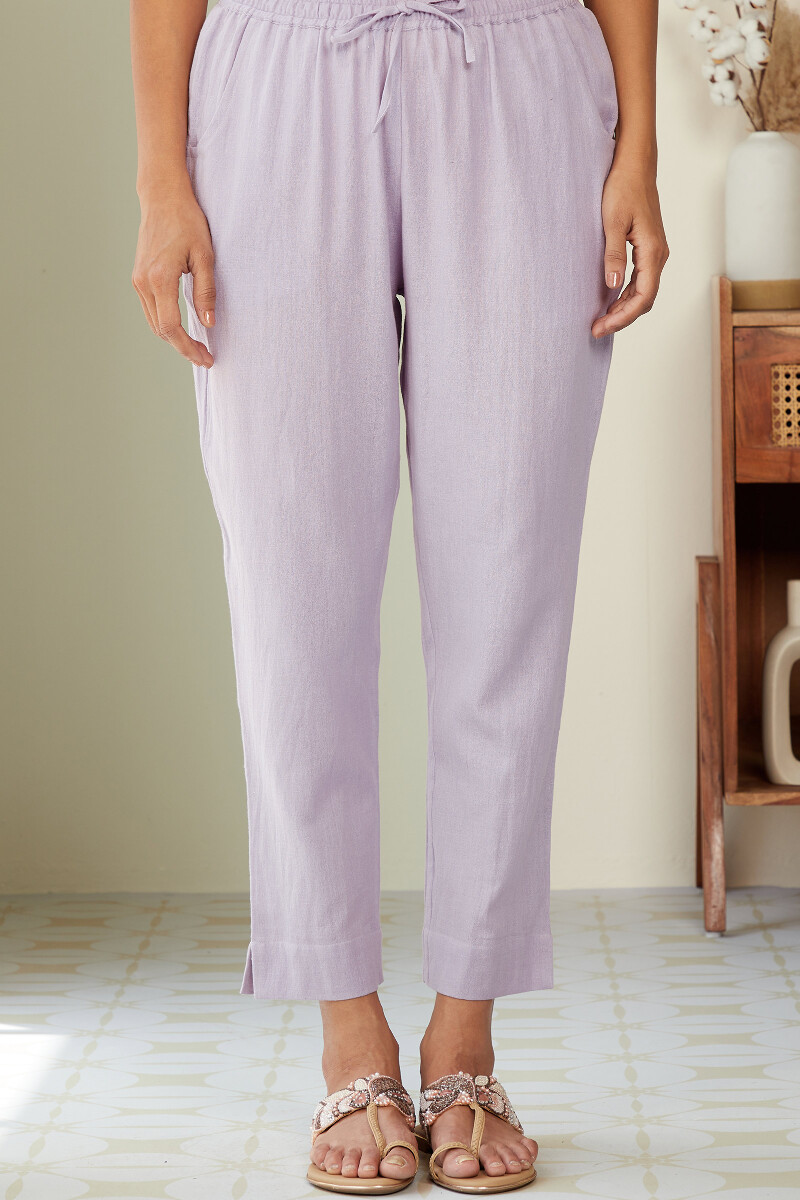 Purple Handcrafted Cotton Flax Narrow Pants