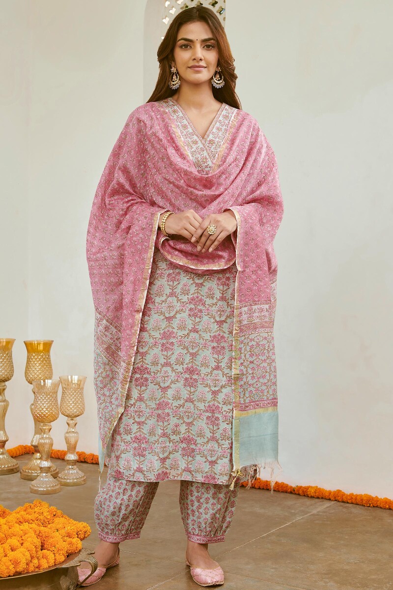 Pink Hand Block-Printed Chanderi Dupatta