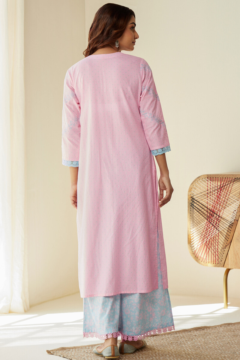 Pink Hand Printed Straight Cotton Kurta