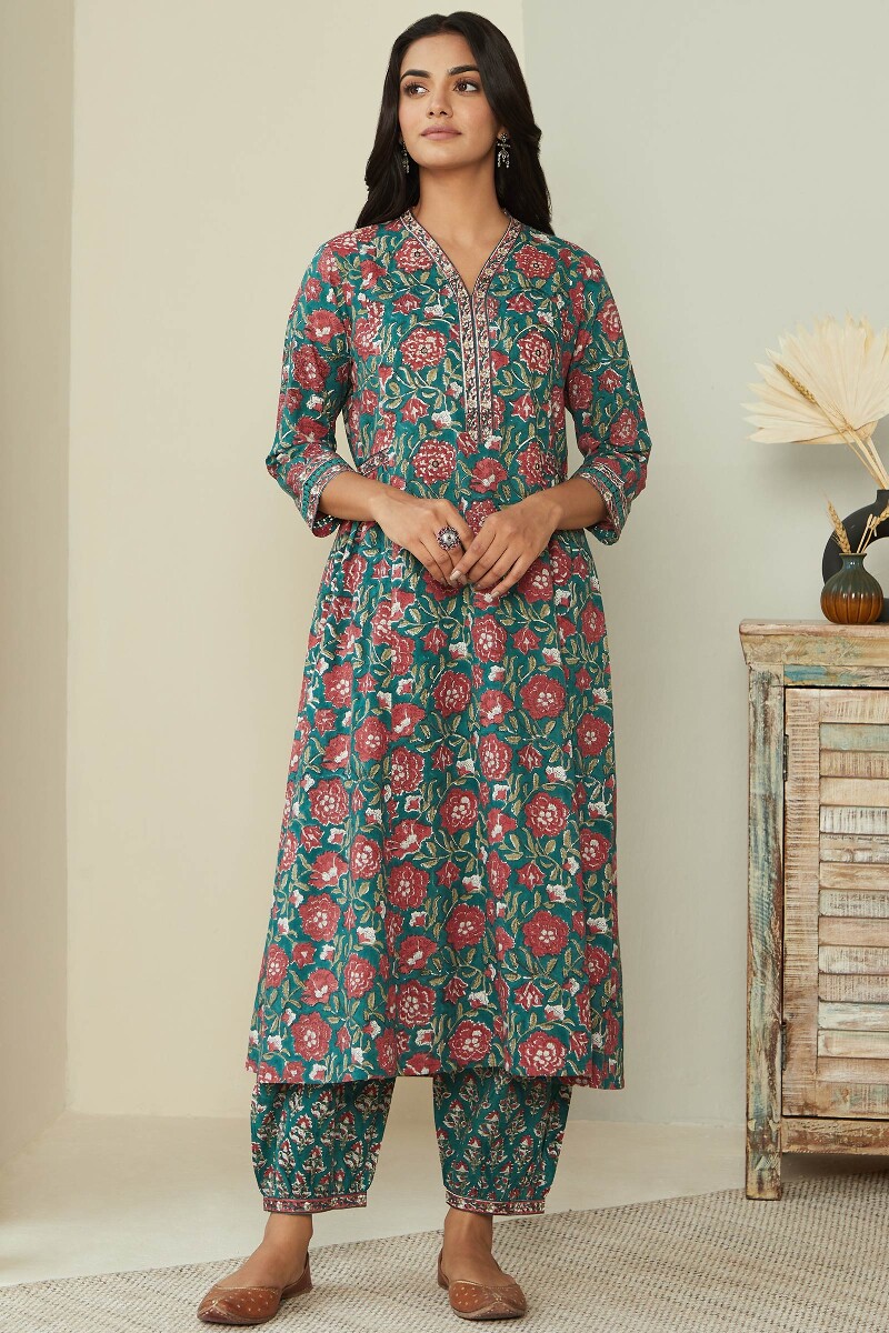 Green Hand Block Printed A-Line Cotton Kurta