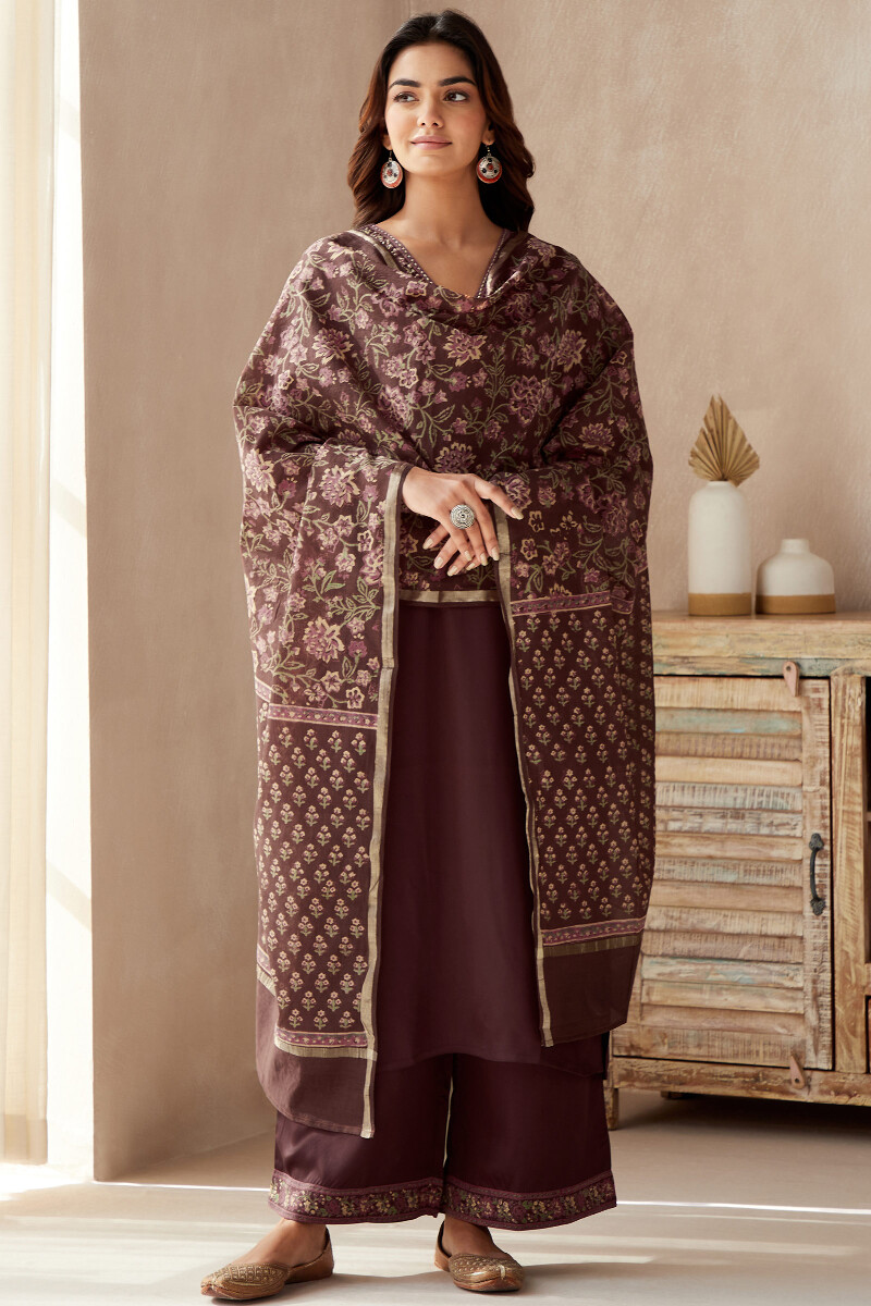 Brown Handcrafted Straight Satin Kurta