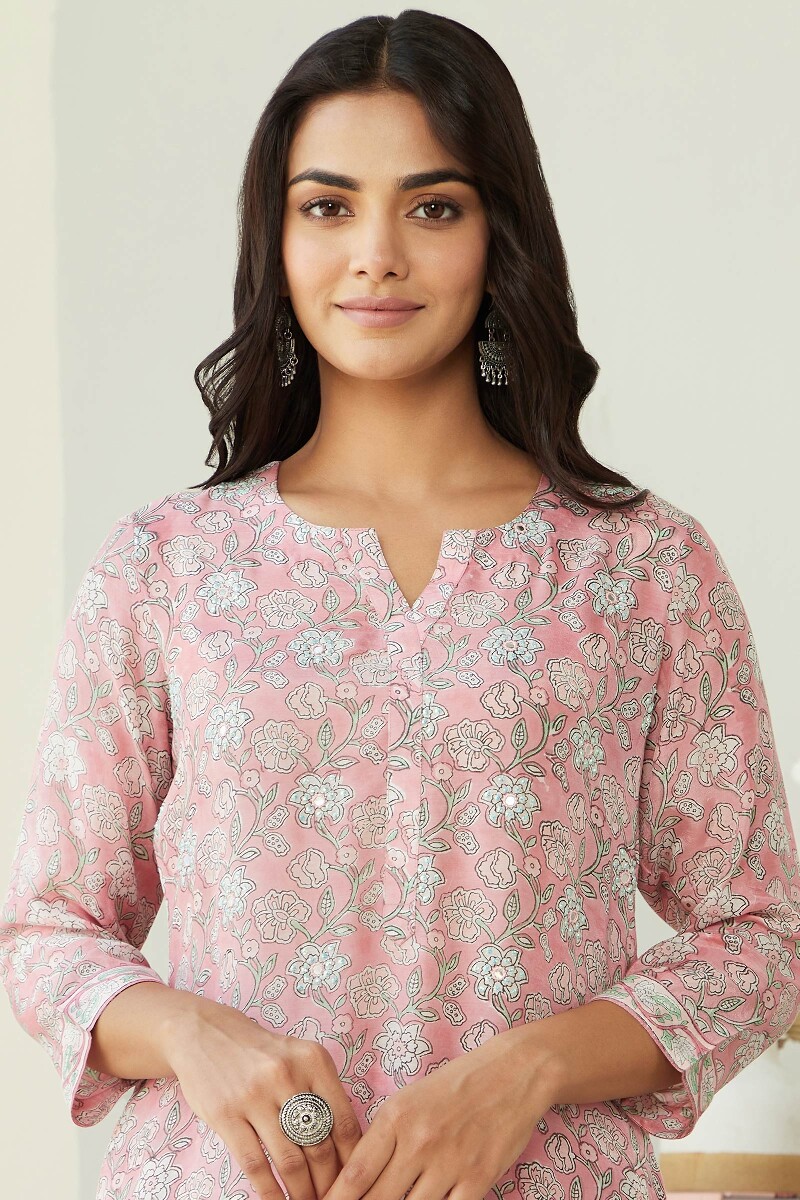 Pink Hand Block Printed Straight Modal Kurta