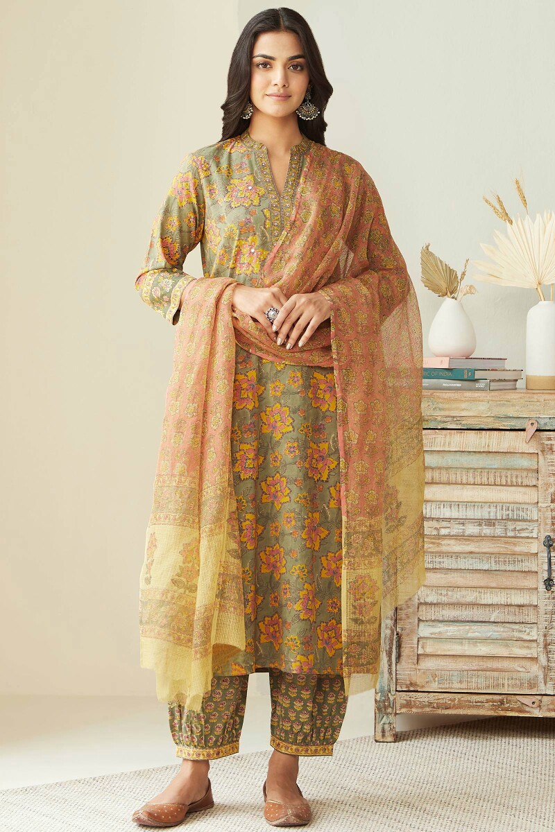 Olive Green Hand Block-Printed Straight Cotton Kurta