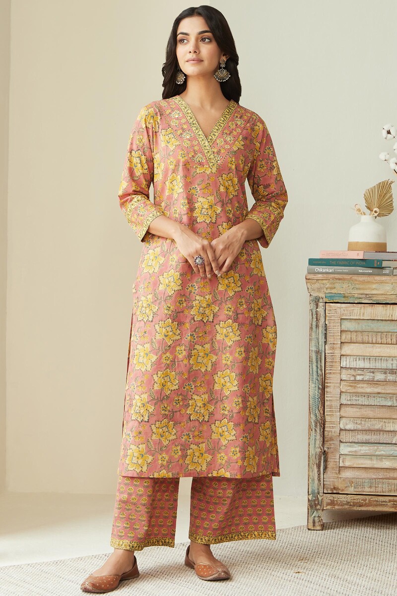 Peach Hand Block Printed Straight Cotton Kurta