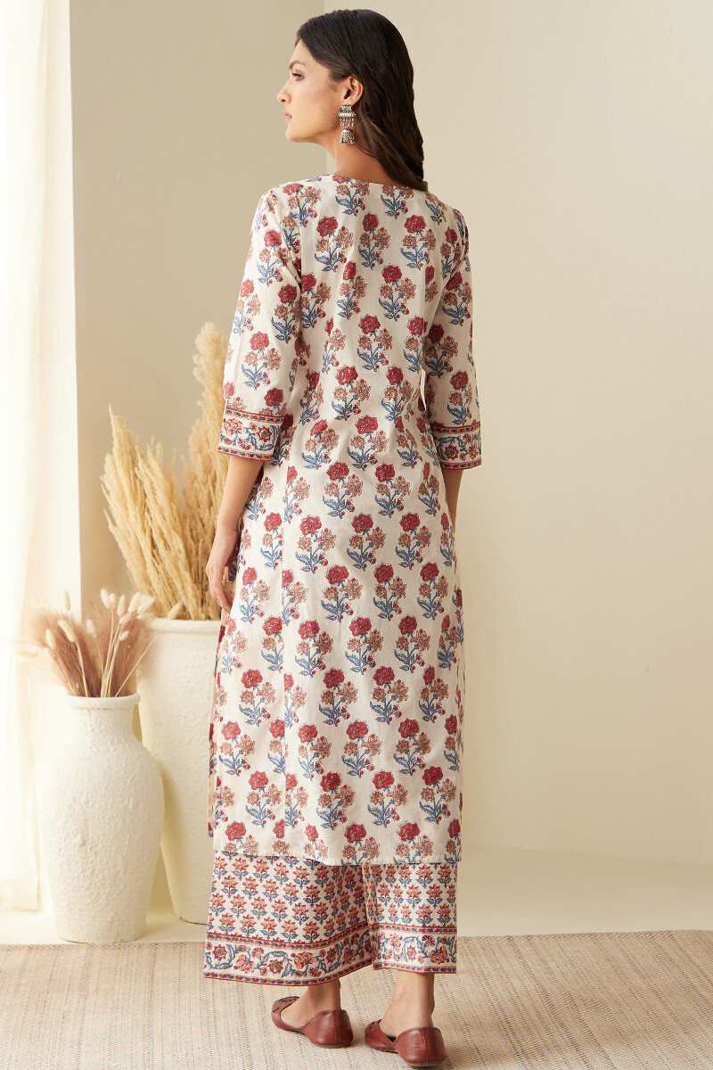 Cream Hand Printed Straight Cotton Kurta