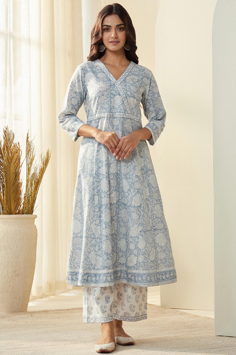 Light Blue Hand Block-Printed A-Line Kurta