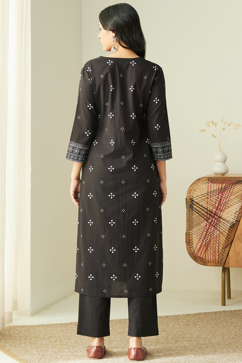 Black Hand Printed Straight Cotton Kurta