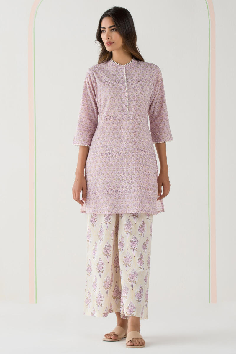 Purple Block Printed Cotton Pyjama Set