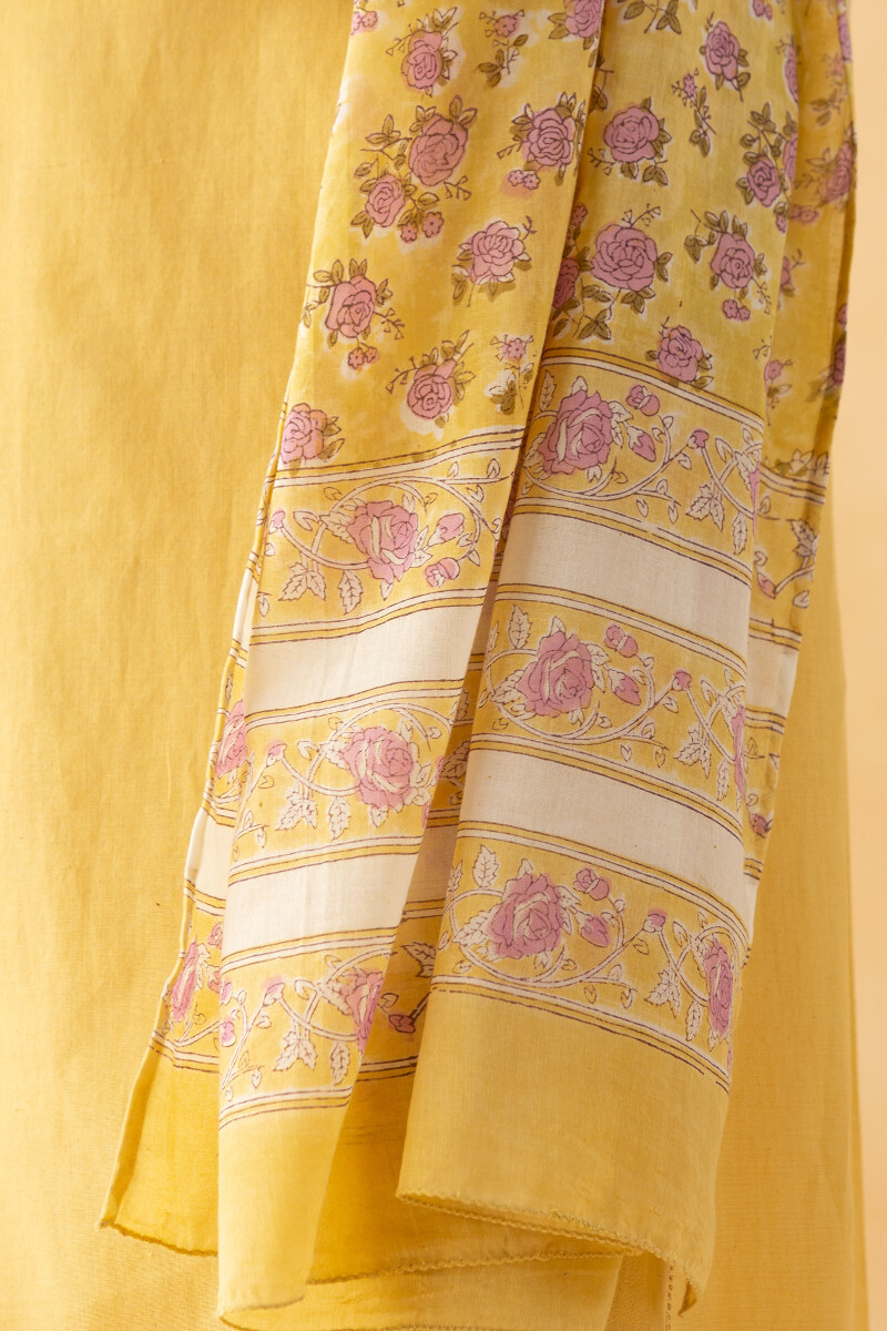 Yellow Block Printed Cotton Dupatta