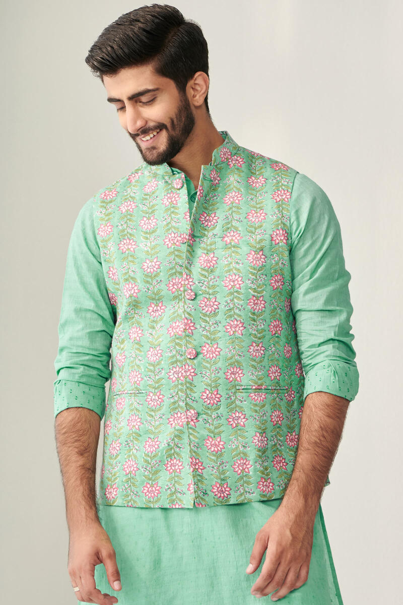 Green Hand Block Printed Cotton Nehru Jacket