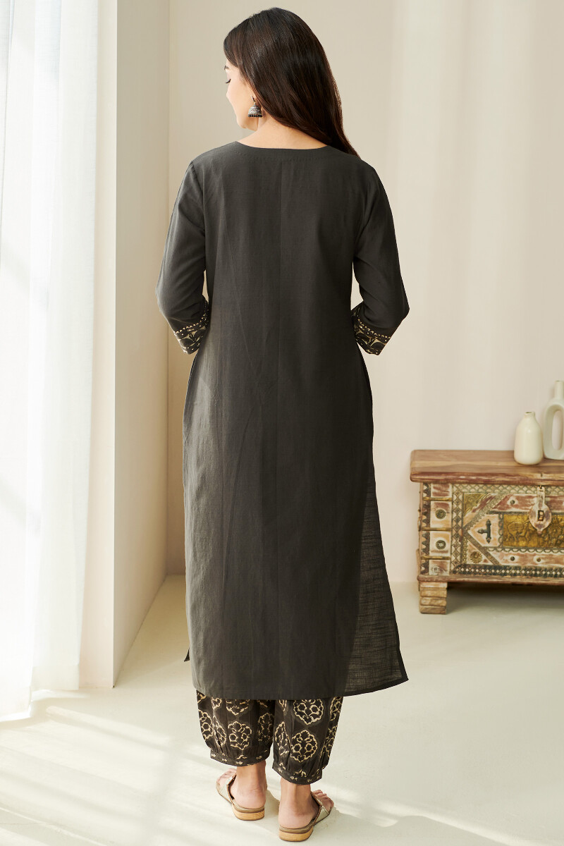 Brown Hand Block Printed Straight Handloom Kurta