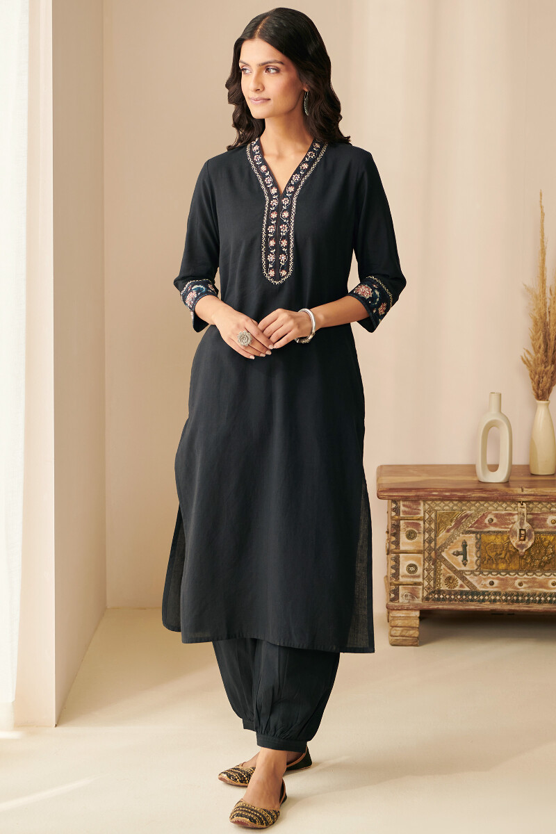 Black Hand Block Printed Straight Handloom Kurta