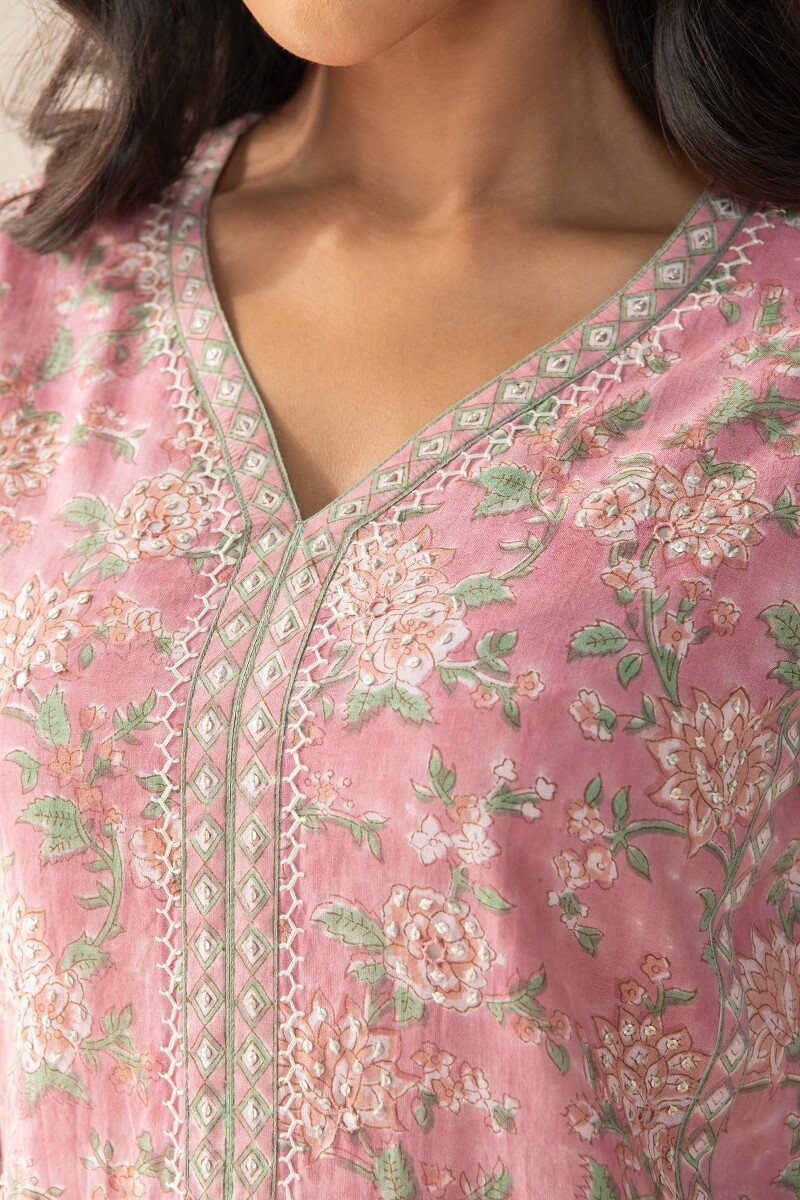 Pink Hand Block Printed Straight Cotton Kurta