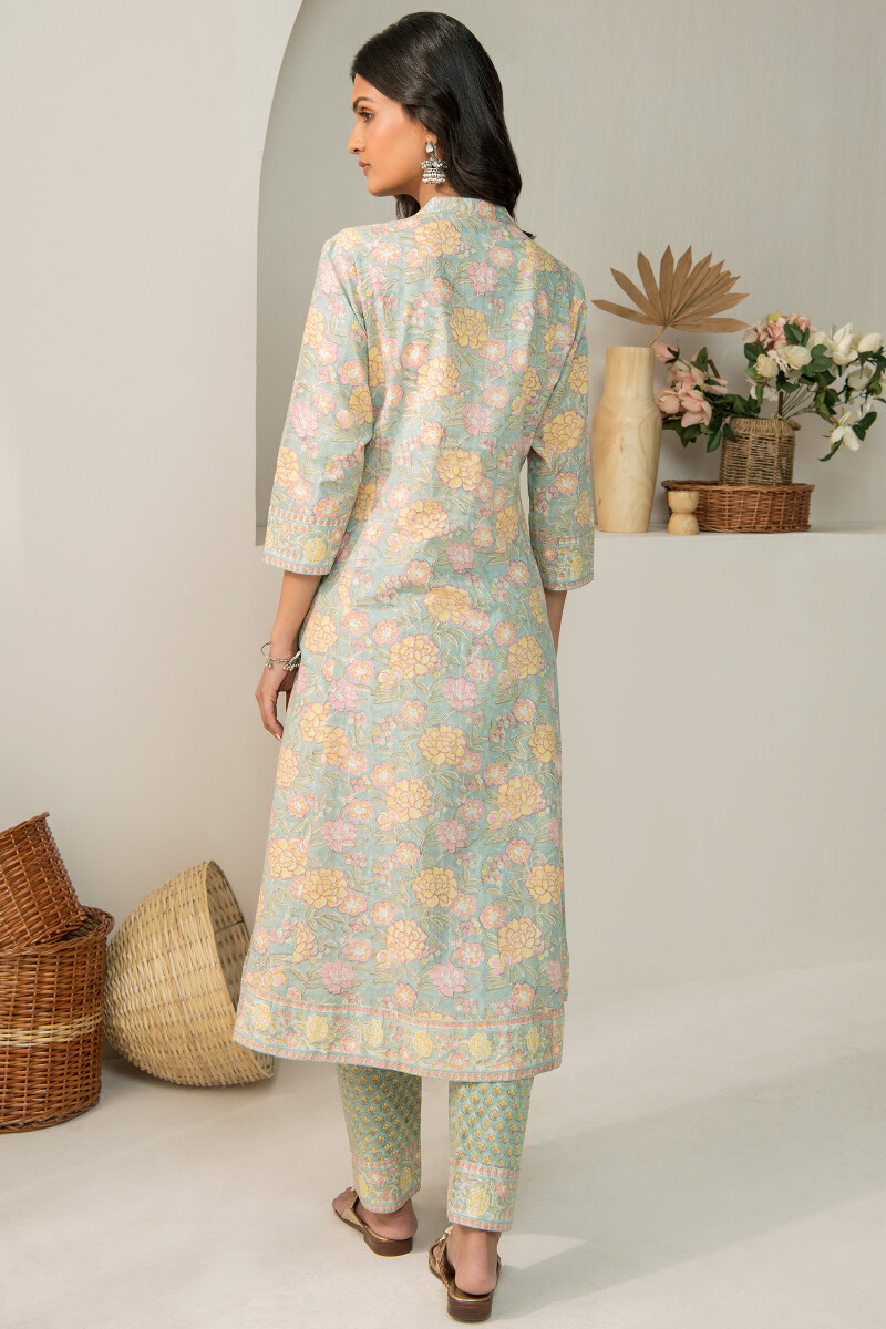 Blue Hand Block Printed Angrakha Cotton Mul Kurta