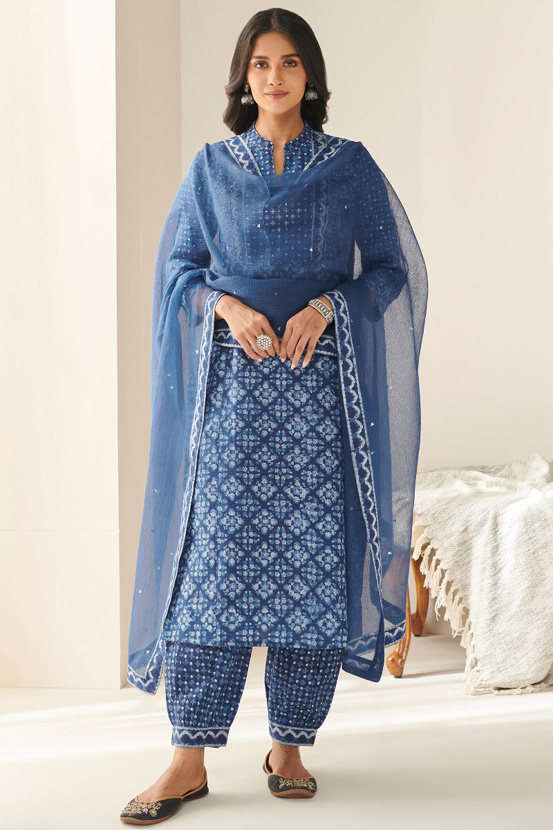 Indigo Hand Block Printed Kota Dupatta