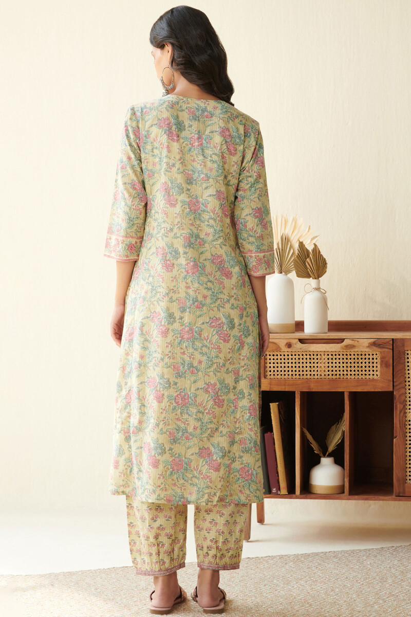 Mustard Hand Block Printed Straight Cotton Dobby Kurta