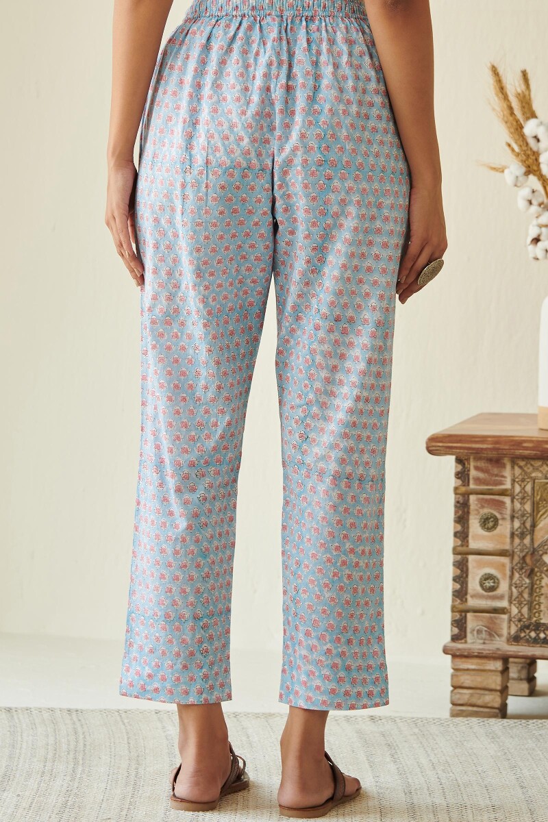 Blue Block Printed Cotton Narrow Pants