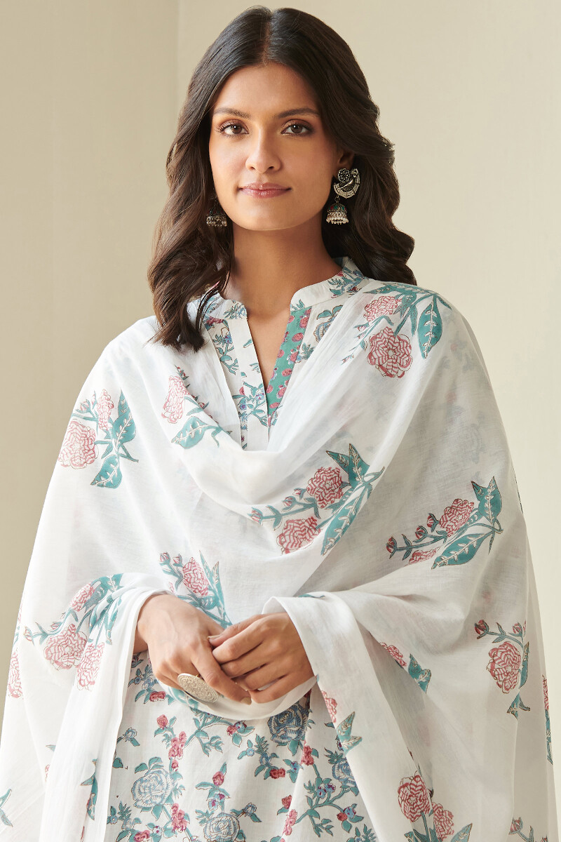 White Block Printed Cotton Dupatta