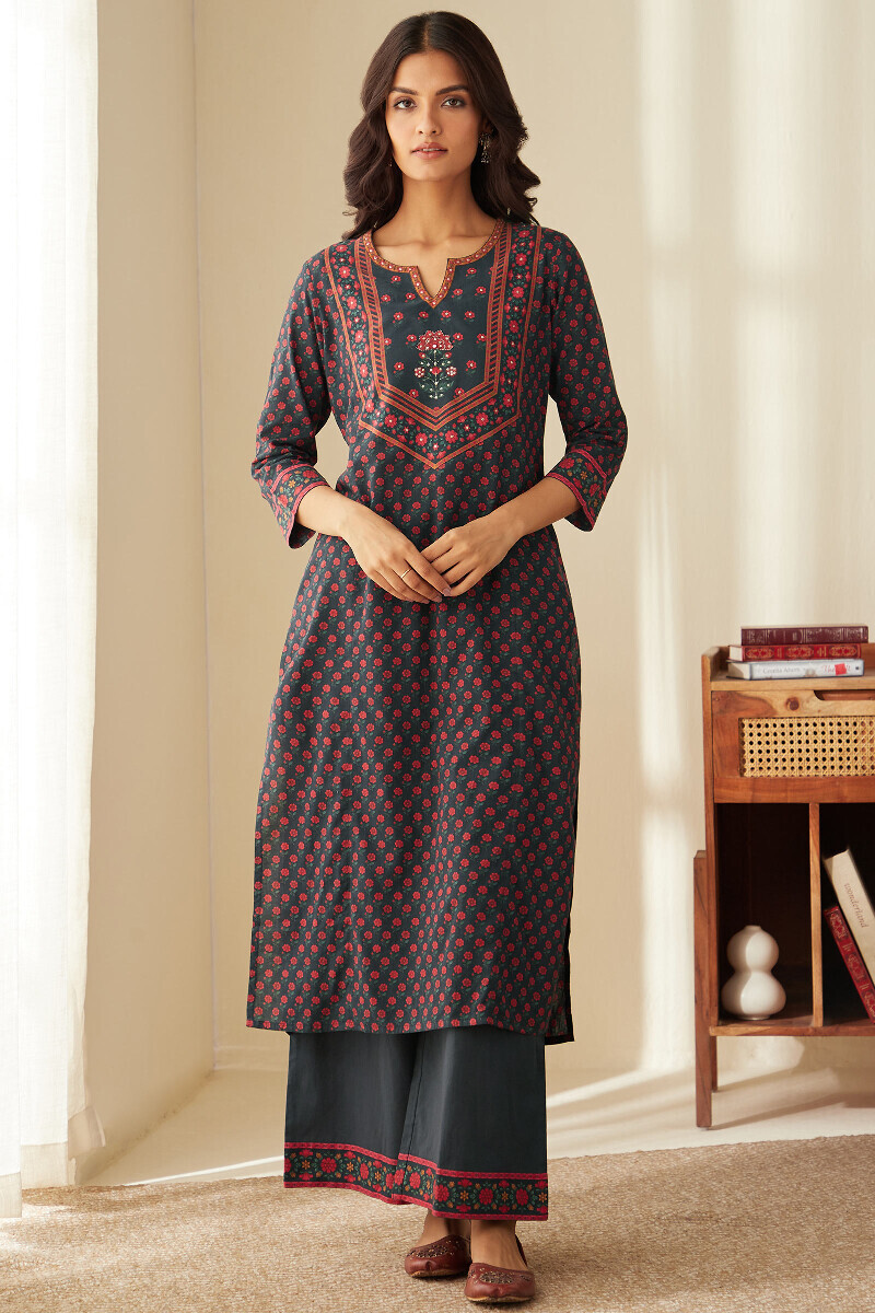 Black Printed Straight Cotton Kurta