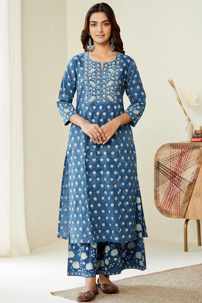 Indigo Hand Block-Printed Straight Cotton Kurta