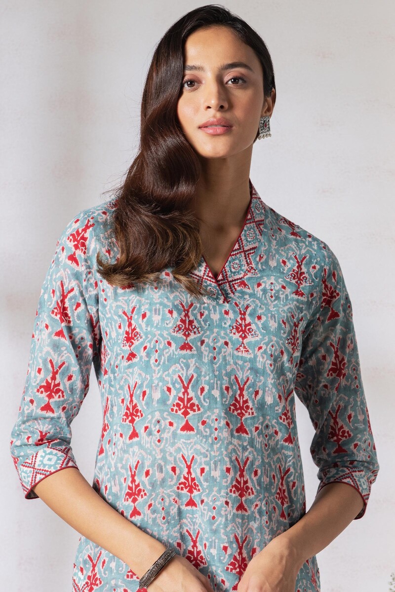 Turquoise Block Printed Straight Cotton Kurta