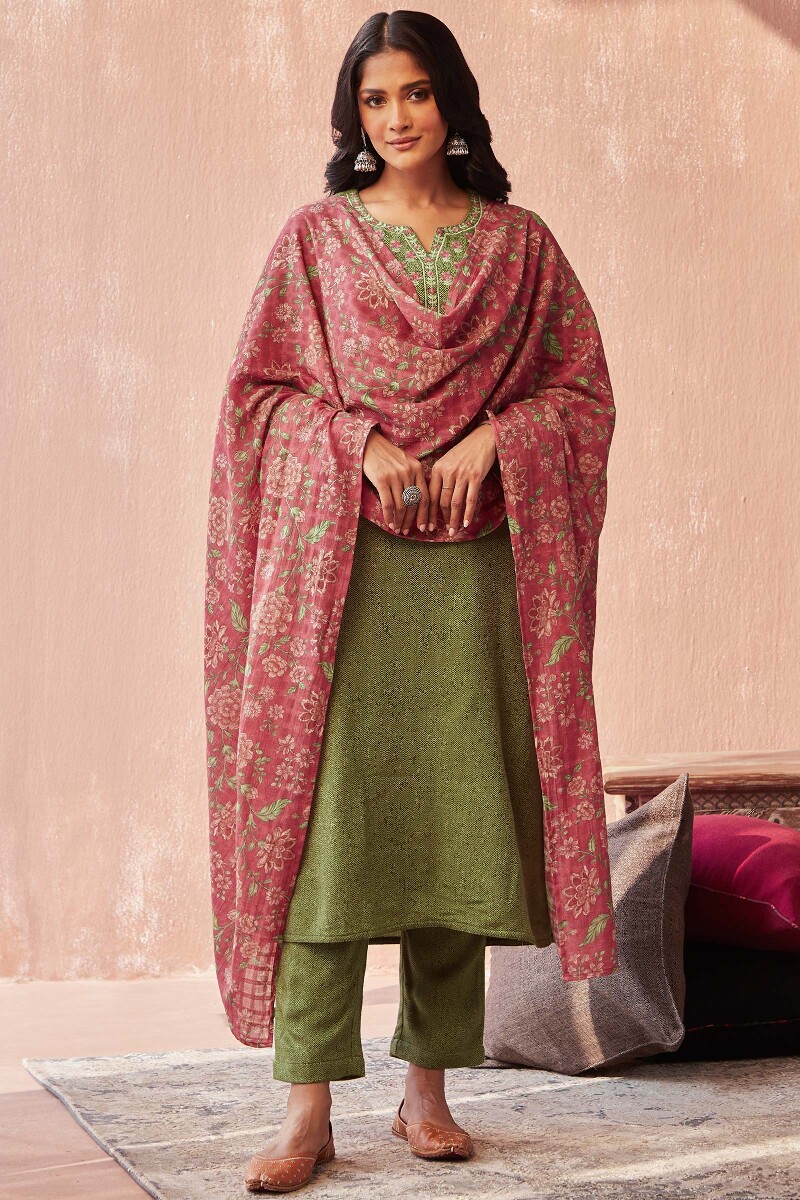 Green Handcrafted Straight Faux Wool Kurta