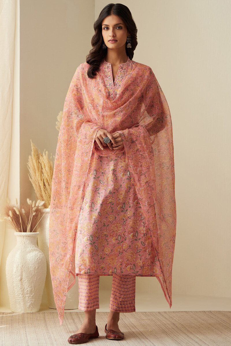 Peach Hand Block-Printed Kota Dupatta