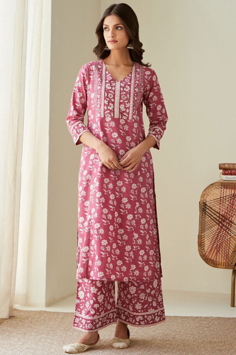 Pink Hand Printed Straight Cotton Kurta