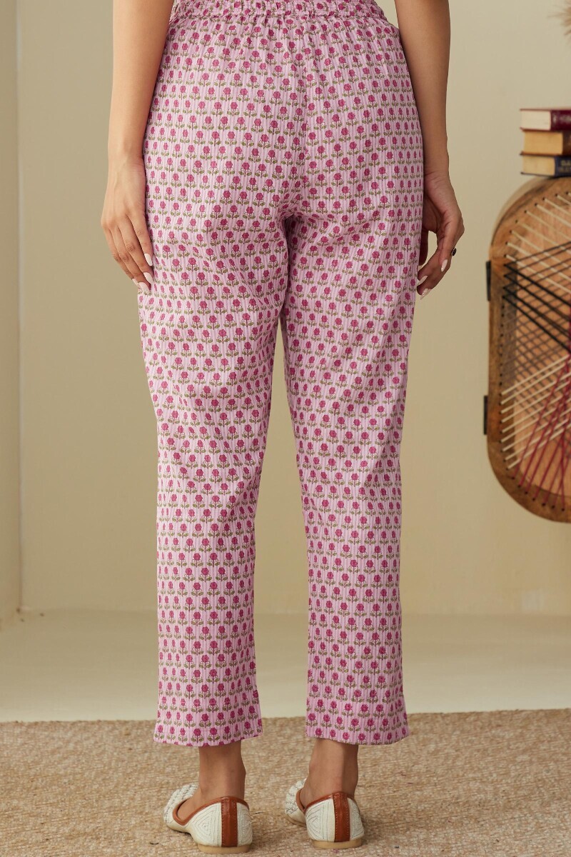 Pink Hand Printed Cotton Dobby Narrow Pants