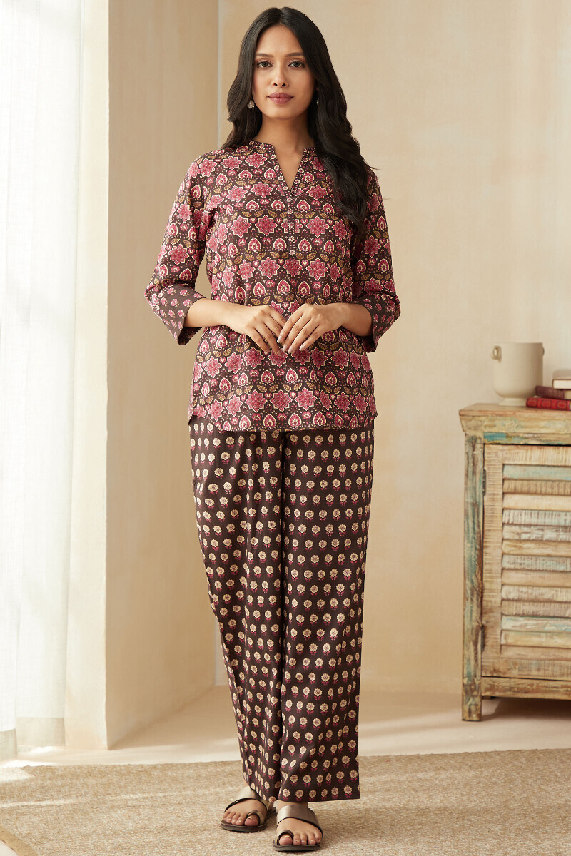 Brown Hand Printed Cotton Loungewear Set