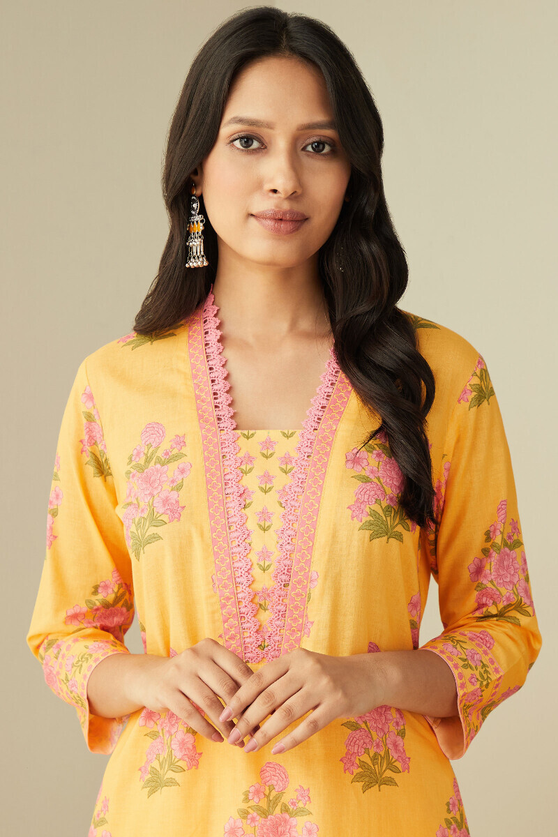 Yellow Printed Straight Cotton Kurta