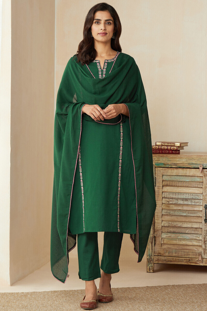 Green Handcrafted Straight Cotton Kurta