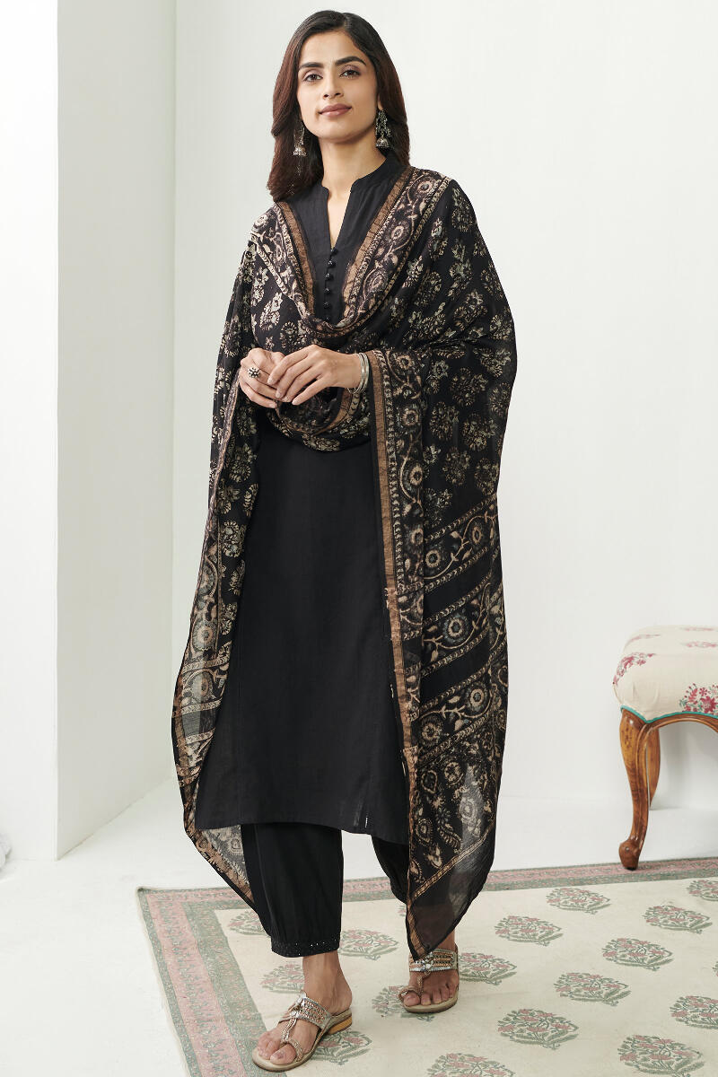 Black Handcrafted Straight Cotton Kurta