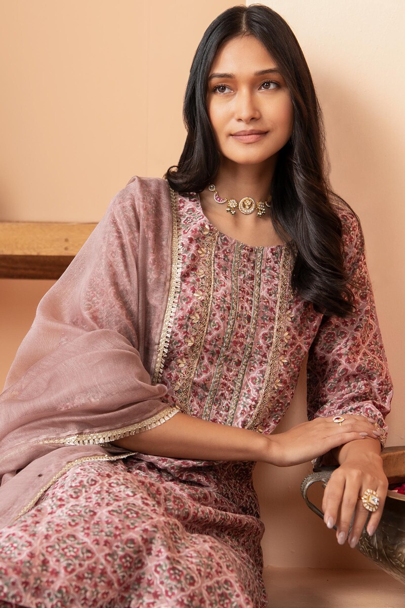 Pink Hand Block Printed Straight Chanderi Kurta