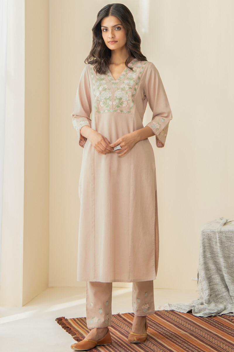 Pink Handcrafted Straight Cotton Flax Kurta