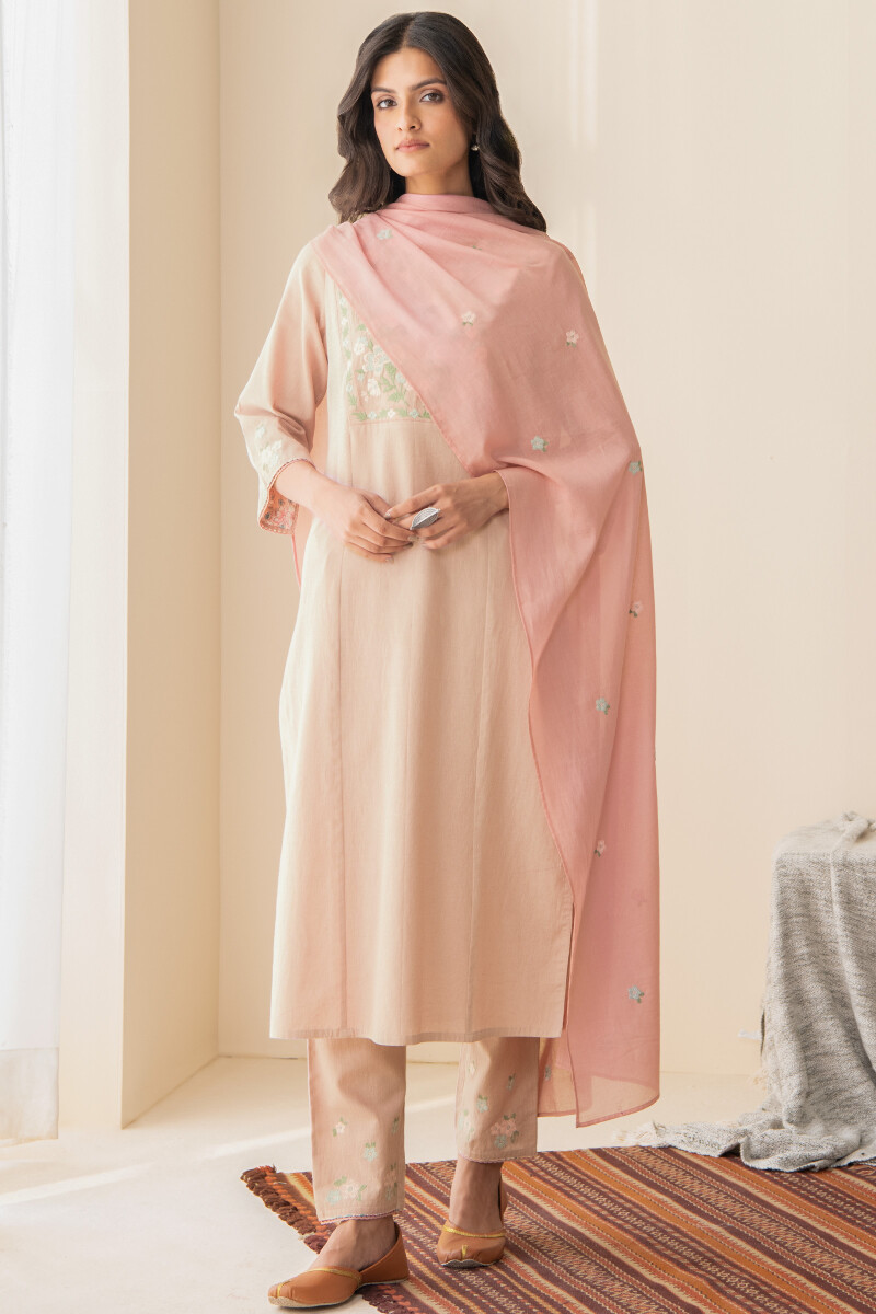 Pink Handcrafted Straight Cotton Flax Kurta