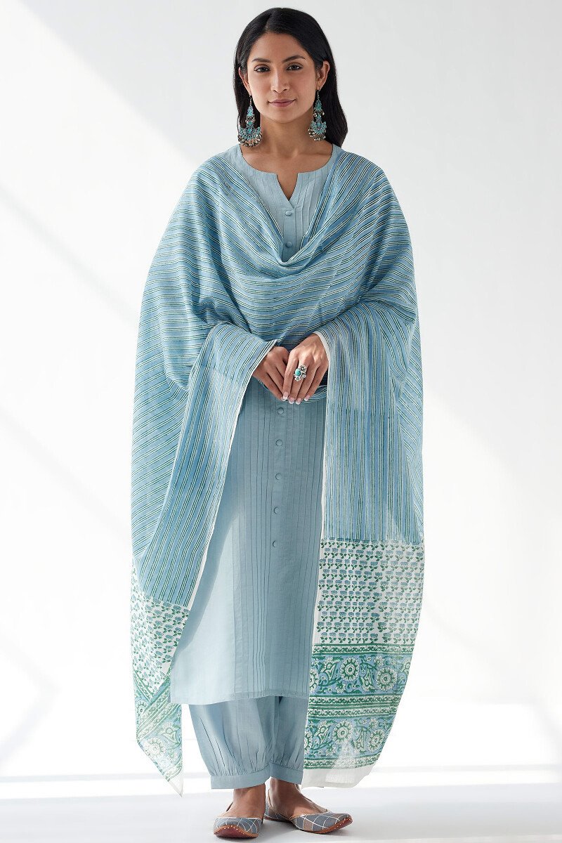 Blue Hand Block Printed Cotton Mul Dupatta