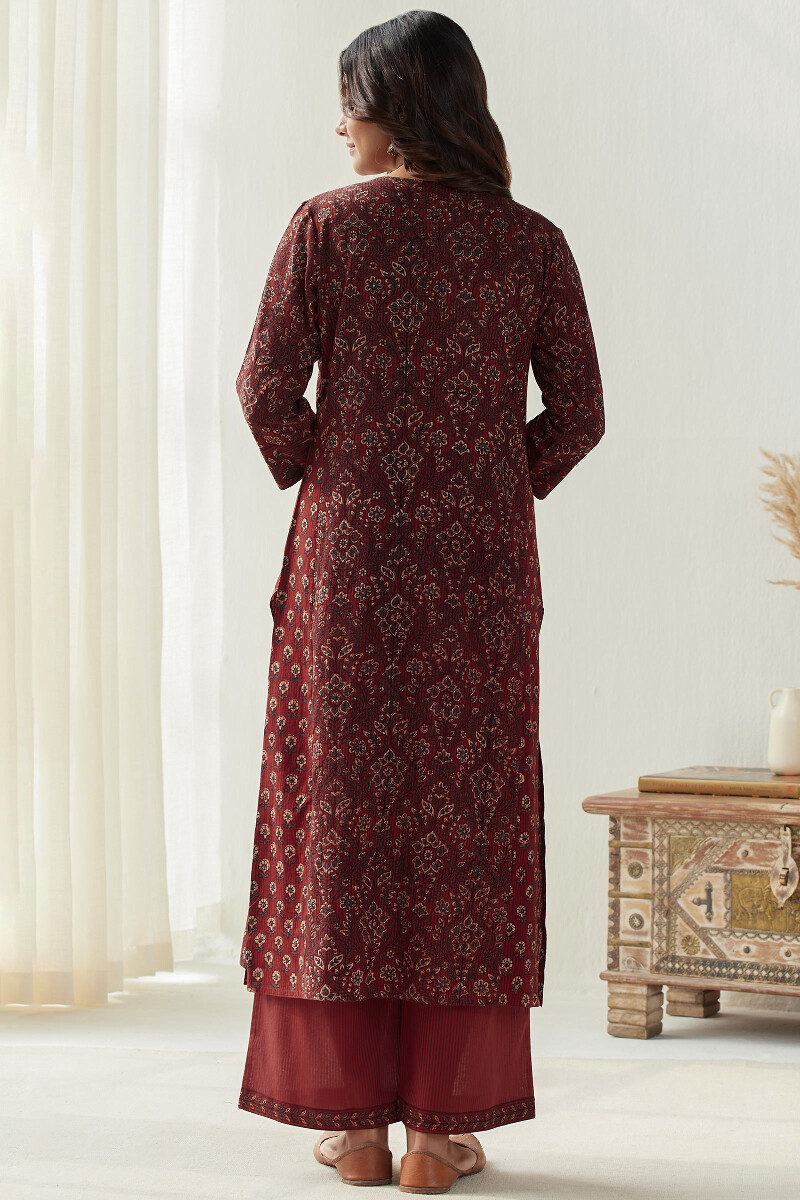 Red Hand Block Printed Straight Cotton Dobby Kurta