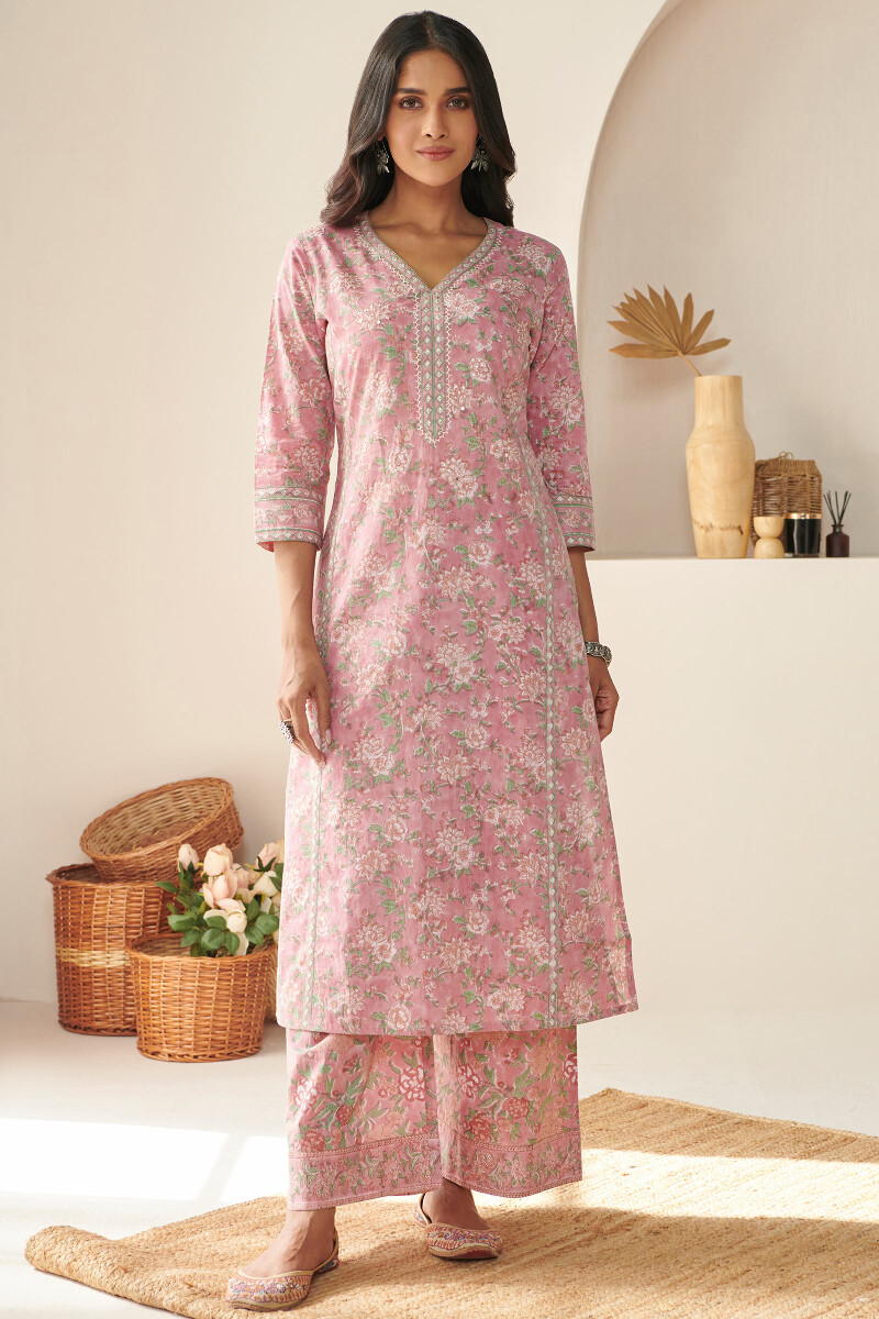 Pink Hand Block Printed Straight Cotton Kurta