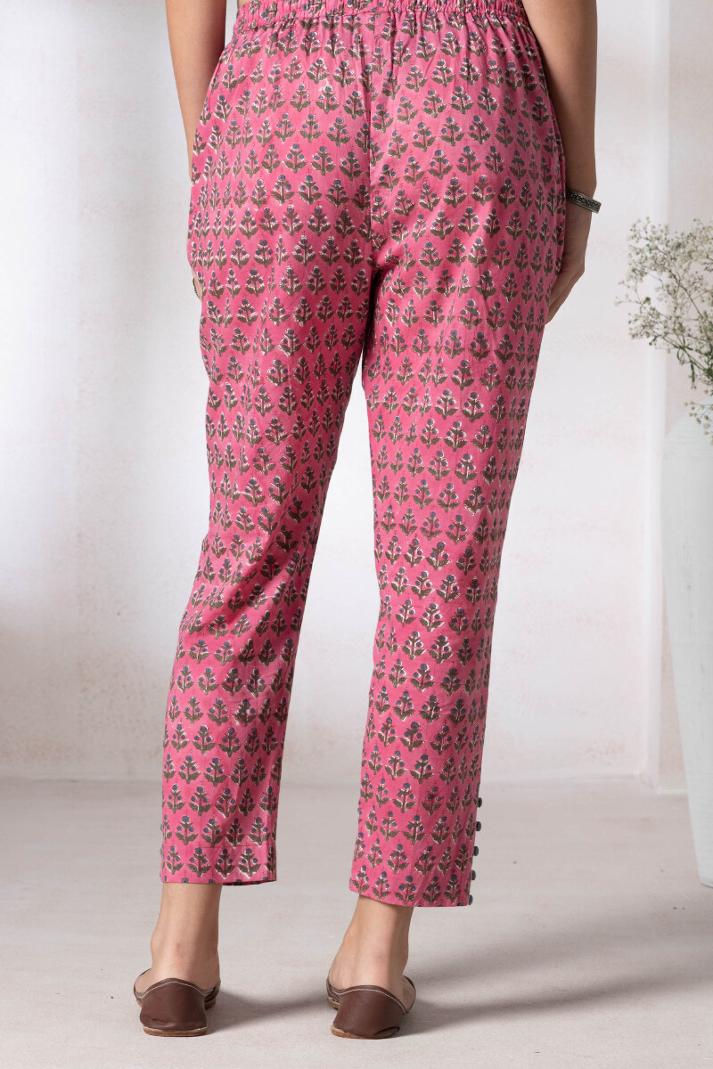 Pink Block Printed Cotton Narrow Pants