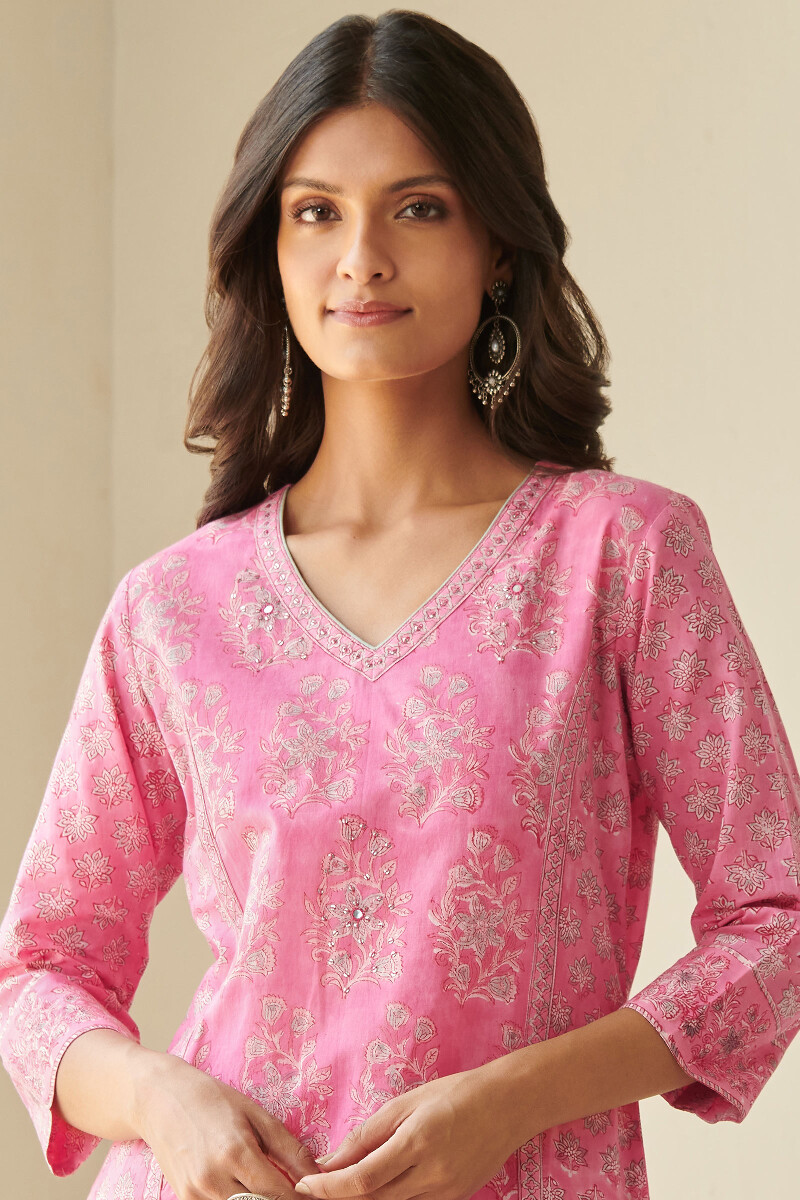 Pink Hand Block Printed Straight Cotton Kurta