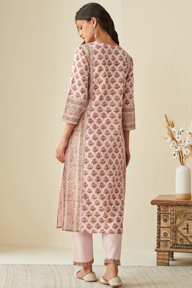 Pink Block Printed Straight Cotton Flax Kurta