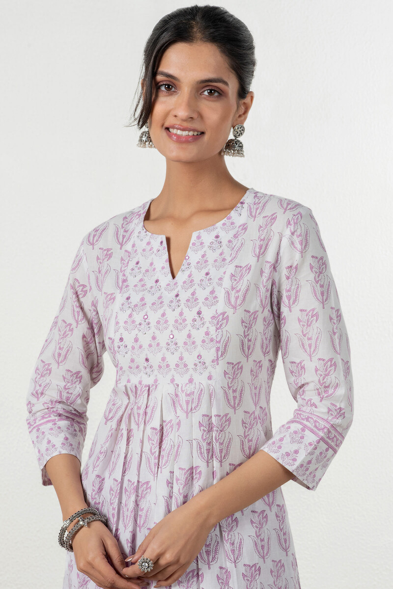 White Block-Printed A-Line Cotton Kurta