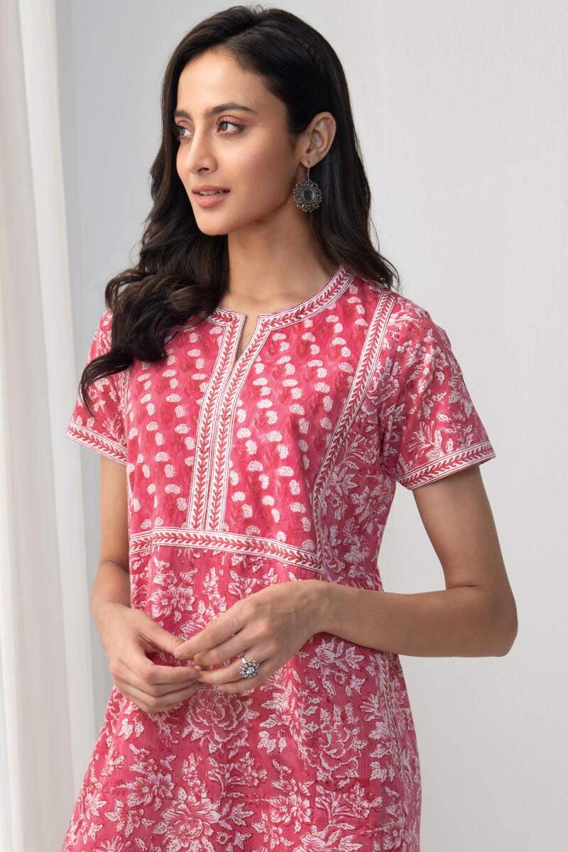 Pink Hand Block Printed Cotton Kaftan