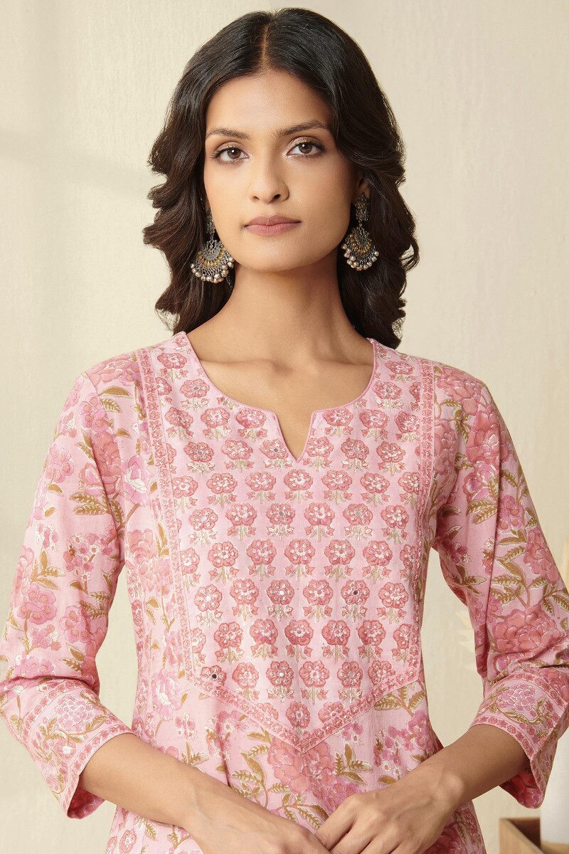 Pink Hand Block Printed Straight Cotton Kurta