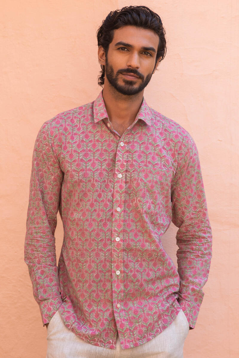 Peach Block Printed Cotton Shirt