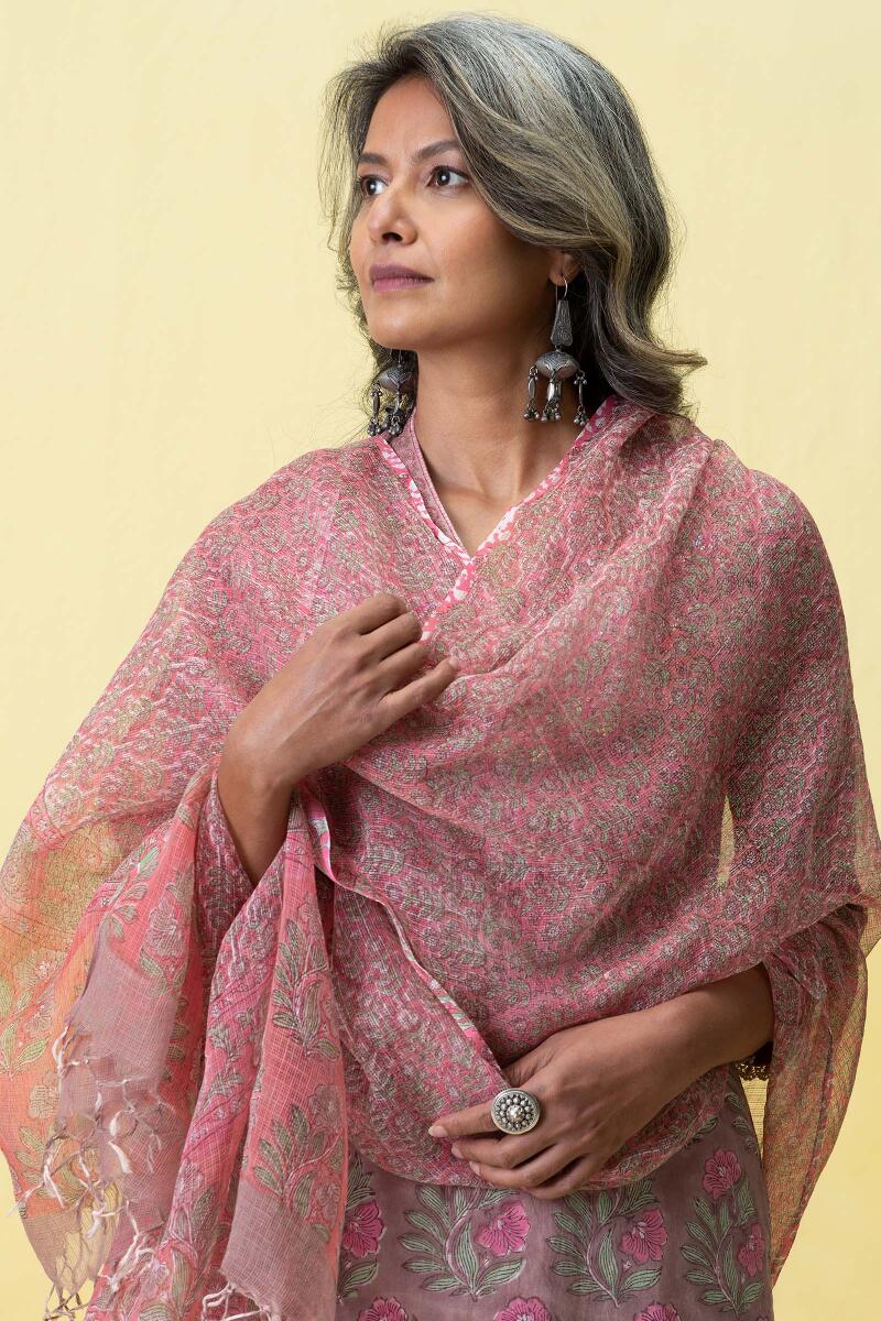 Pink Block Printed Kota Dupatta